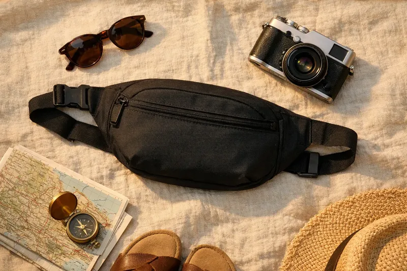 Un sac banane noir posé sur un linge clair, entouré de lunettes de soleil, d'un appareil photo, d'une carte avec boussole, de sandales et d'un chapeau de paille.
