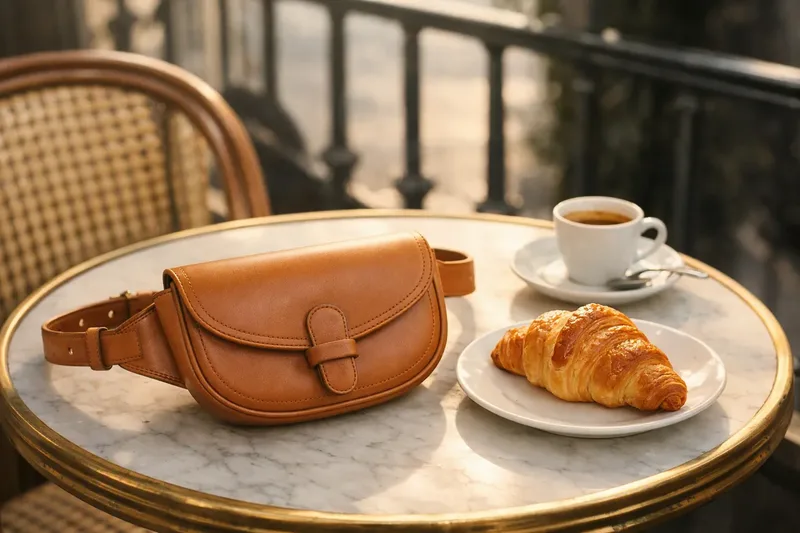 Sur une table de café en marbre à Paris, un sac banane en cuir camel posé à côté d'un croissant et d'une tasse d'espresso.